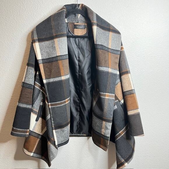 CHICWISH Womens Shawl Collar Neutral Check Asymmetric Hemline Wool Blend Coat - Picture 5 of 9